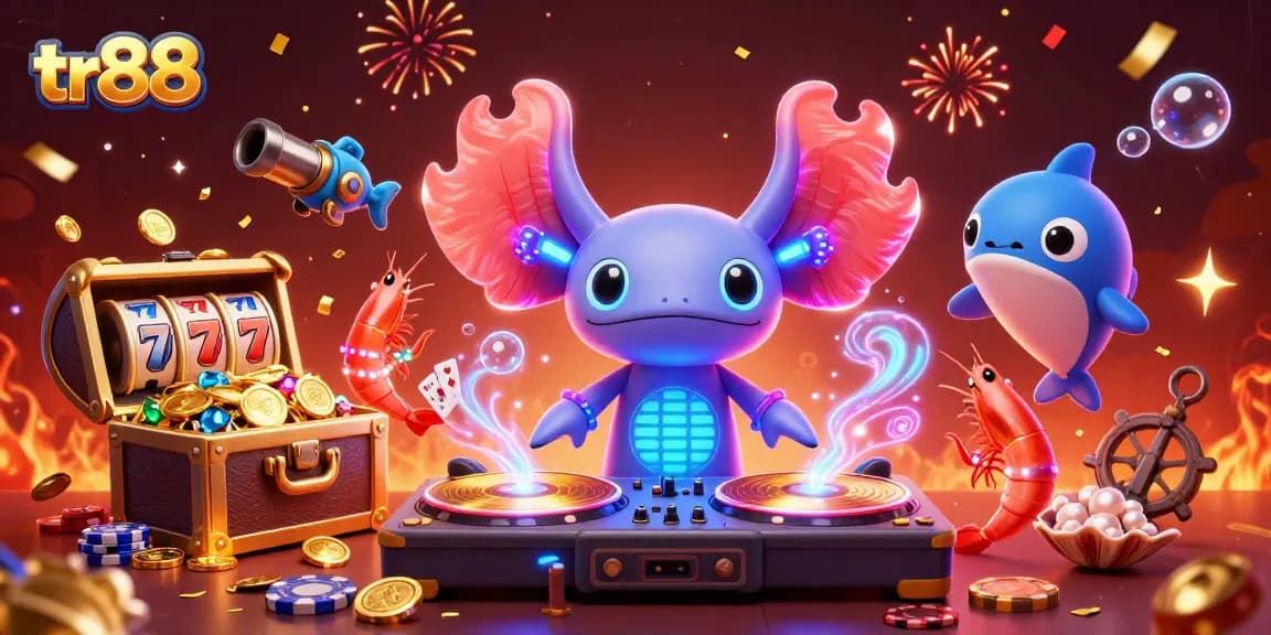 Experience the underwater delight of tr88 with a neon axolotl DJ and lively casino elements.