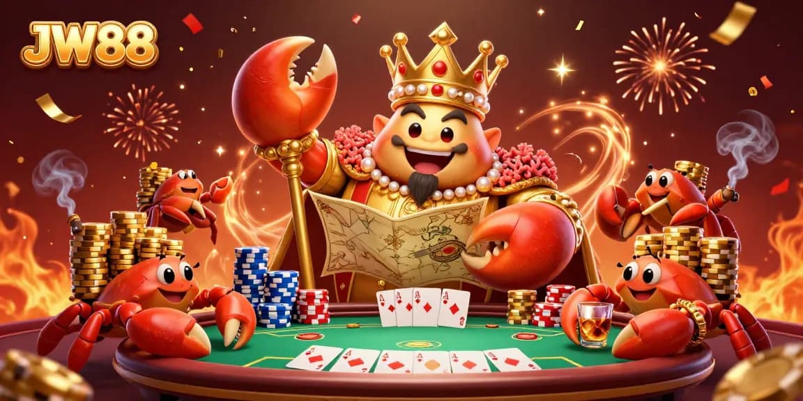 Experience thrilling gameplay with JW88’s dynamic 3D scene featuring a golden crab emperor and poker elements.