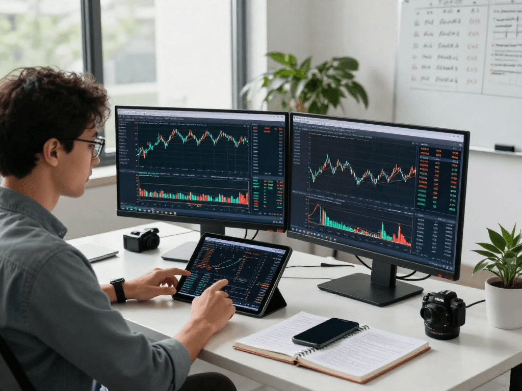 交易者在现代工作空间使用metatrader 5进行交易分析，屏幕中显示市场图表和经济新闻。