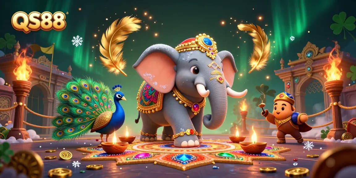 Experience excitement at QS88 with a vibrant scene featuring a cartoon elephant, peacock, and dynamic gambling elements.