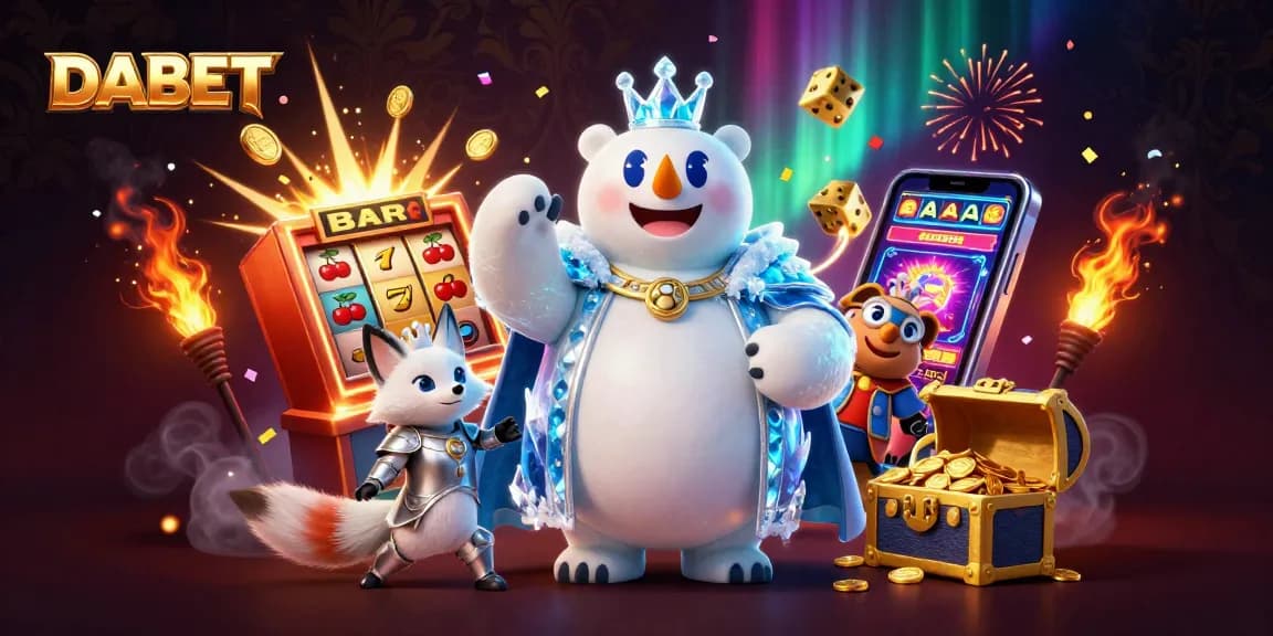 DABET showcases a vibrant scene with a majestic polar bear and snow fox amidst a jackpot explosion.