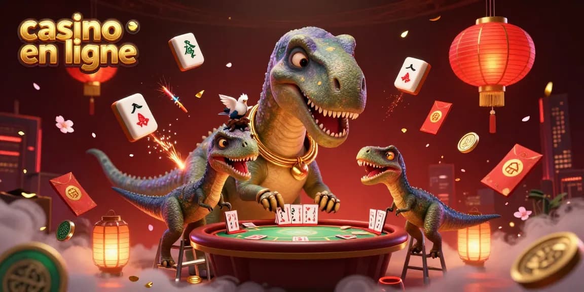 Une illustration vivante de casino en ligne avec un brontosaurus, un raptor et des éléments de jeu, représentant l'excitation des jeux en ligne.