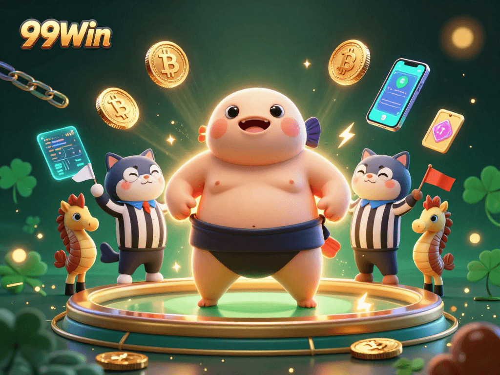 Join the excitement at 99Win, featuring a fugu sumo showdown surrounded by crypto elements in vibrant underwater casino