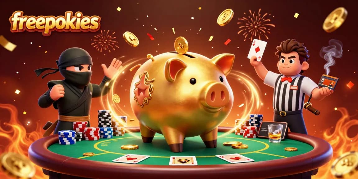 Experience exciting moments with freepokies at the vibrant casino scene featuring animated characters.