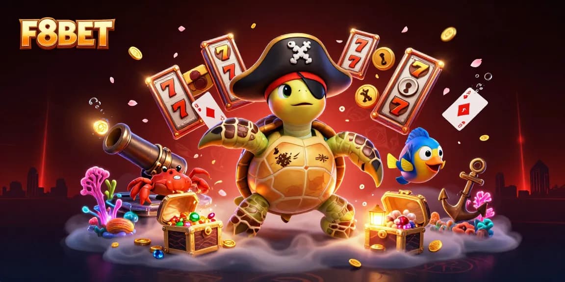 Engage with F8BET's dynamic gaming experience featuring pirate turtle, hermit crab, and parrotfish amidst vibrant casino elements.