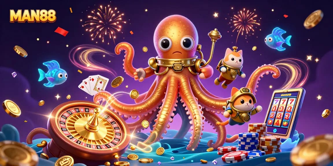 Experience MAN88's thrilling casino adventures with a playful kraken and diving cat!