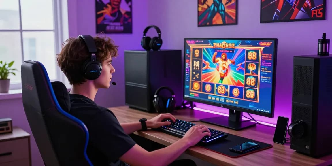 Exciting player enjoying 888 slot game on large monitor, vibrant gaming atmosphere.