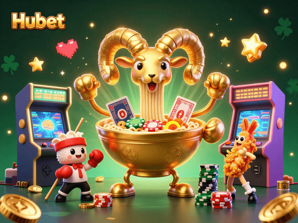 Experience gambling excitement at Hubet with a vibrant scene of fun characters and game elements.