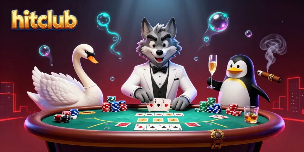 Experience thrilling baccarat at hitclub with a debonair wolf, elegant swan dealer, and champagne-presenting penguin.