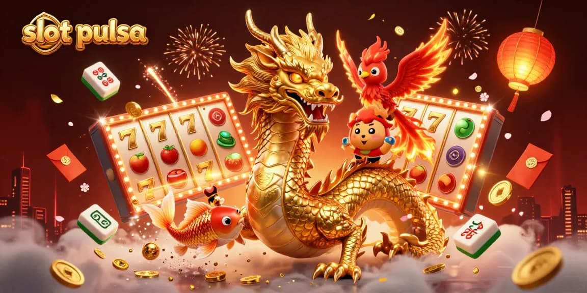 Engage with slot pulsa games through vibrant illustrations featuring dynamic slot reels and winning symbols.