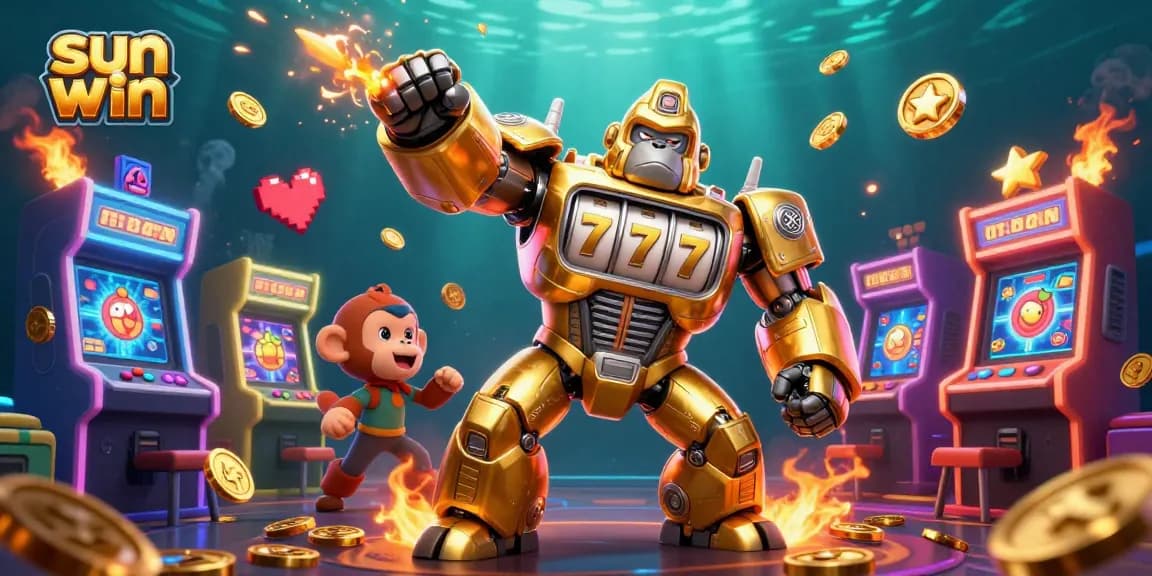 Engage with sun win gaming through vibrant golden gorilla mech and arcade game elements.