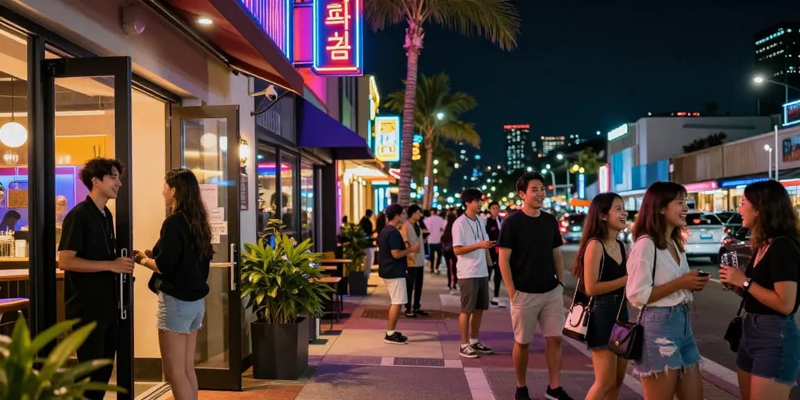 Socializing at vibrant 오피사이트 in an entertainment district, showcasing lively nightlife with friends and welcoming staff.