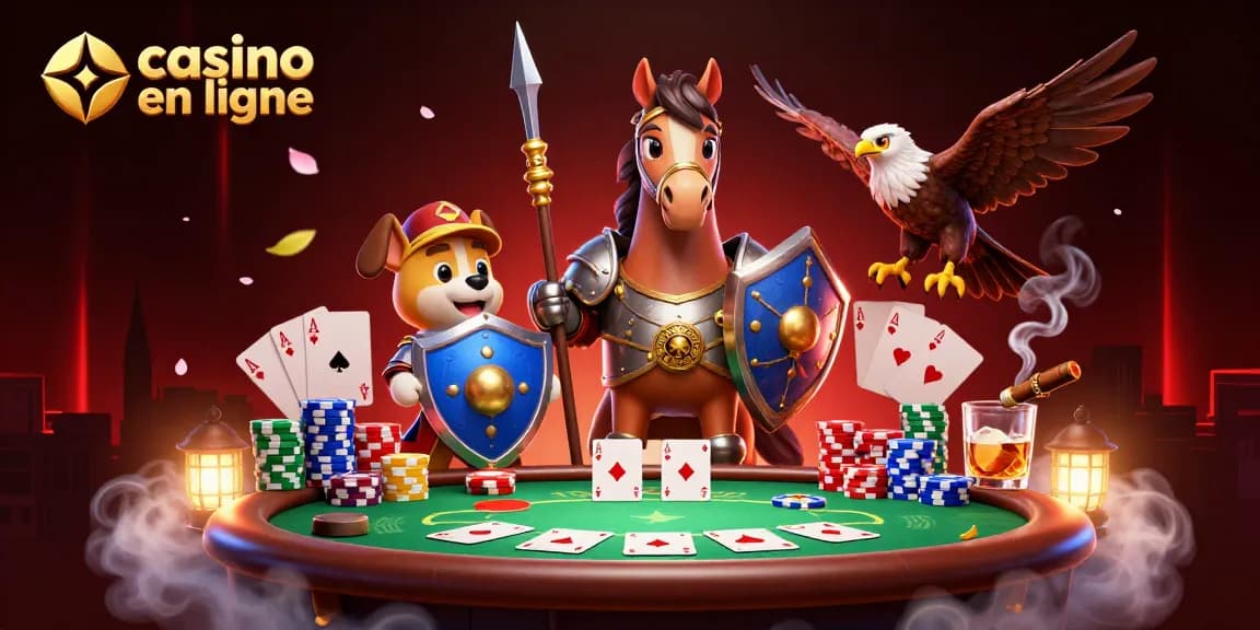 Illustration vibrante de casino en ligne avec un chevalier médiéval et des éléments de jeu animés.