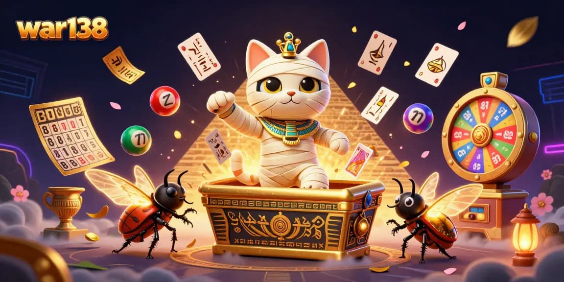 Join the excitement with war138 as the mummy cat bursts from the casino, surrounded by colorful lottery elements.