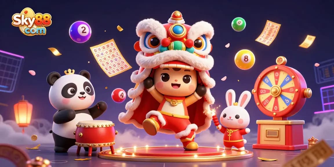Engage with the vibrant world of Sky88 com as a lively lion dance and colorful casino elements come to life.