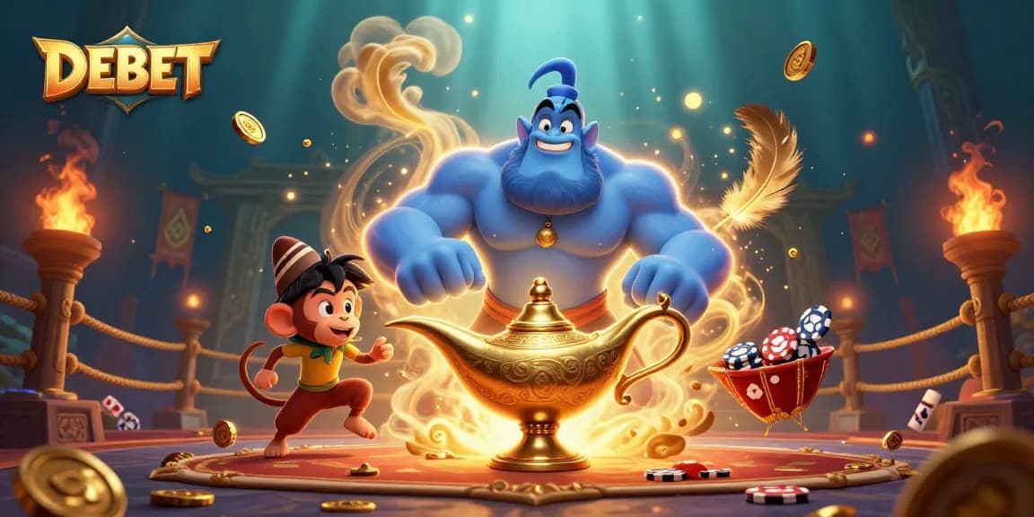 Experience DEBET’s vibrant casino atmosphere with a genie, poker chips, and rich decorations.