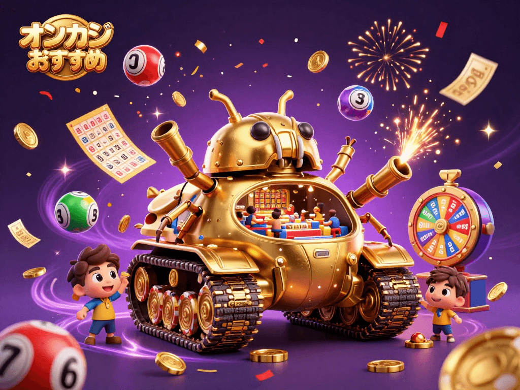 オンカジ おすすめの小型カジノを開いた黄金の甲虫戦車が登場する楽しいイラスト。