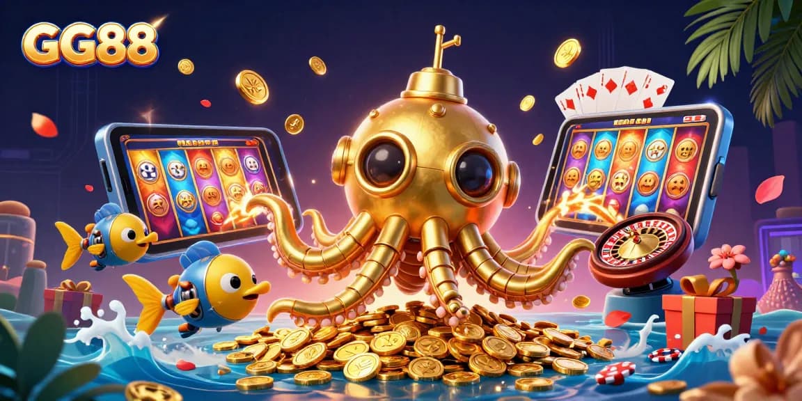 Experience thrilling gameplay with GG88's vibrant casino scene featuring a golden kraken and slot games.