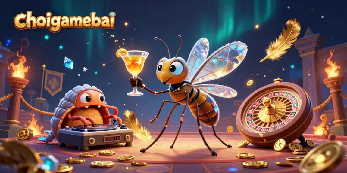 Engage in thrilling casino action with choigamebai featuring a unique mosquito mascot, trilobite DJ, and golden roulette wheel.