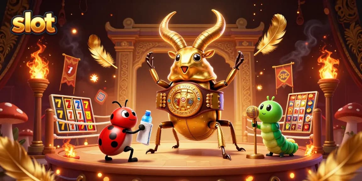 Spin the reels with the golden stag beetle champion in this vibrant casino illustration.