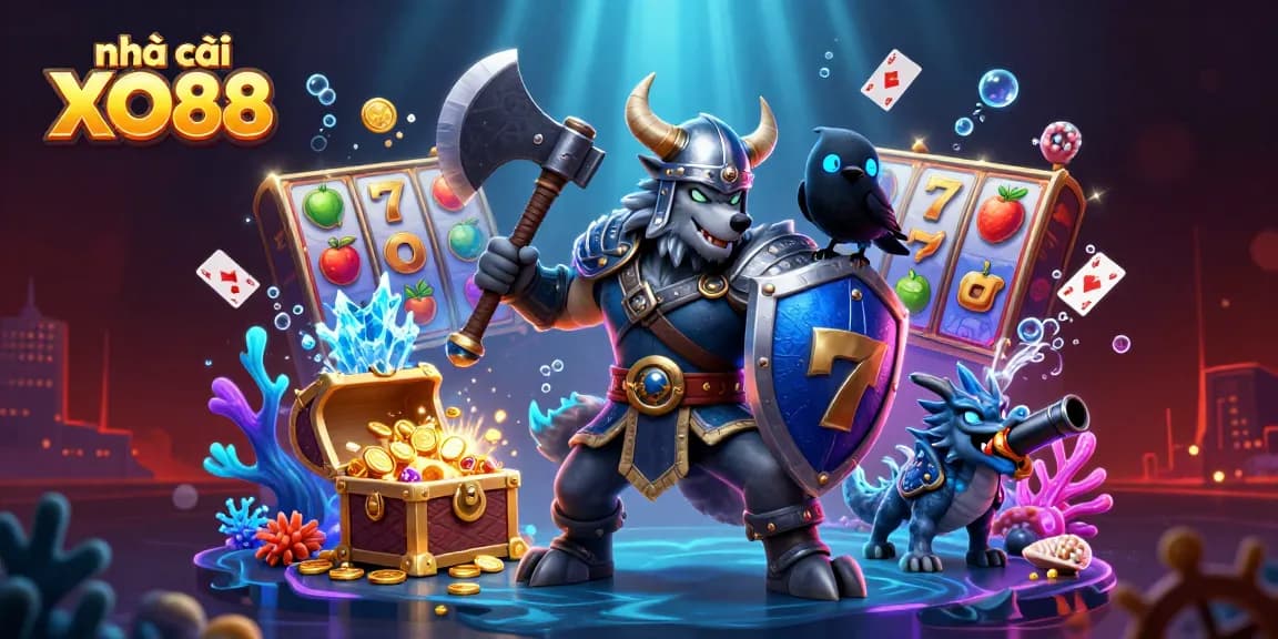 Engage with nhà cái XO88 featuring a Viking warrior, dragon, and vibrant casino elements in an action-packed scene.