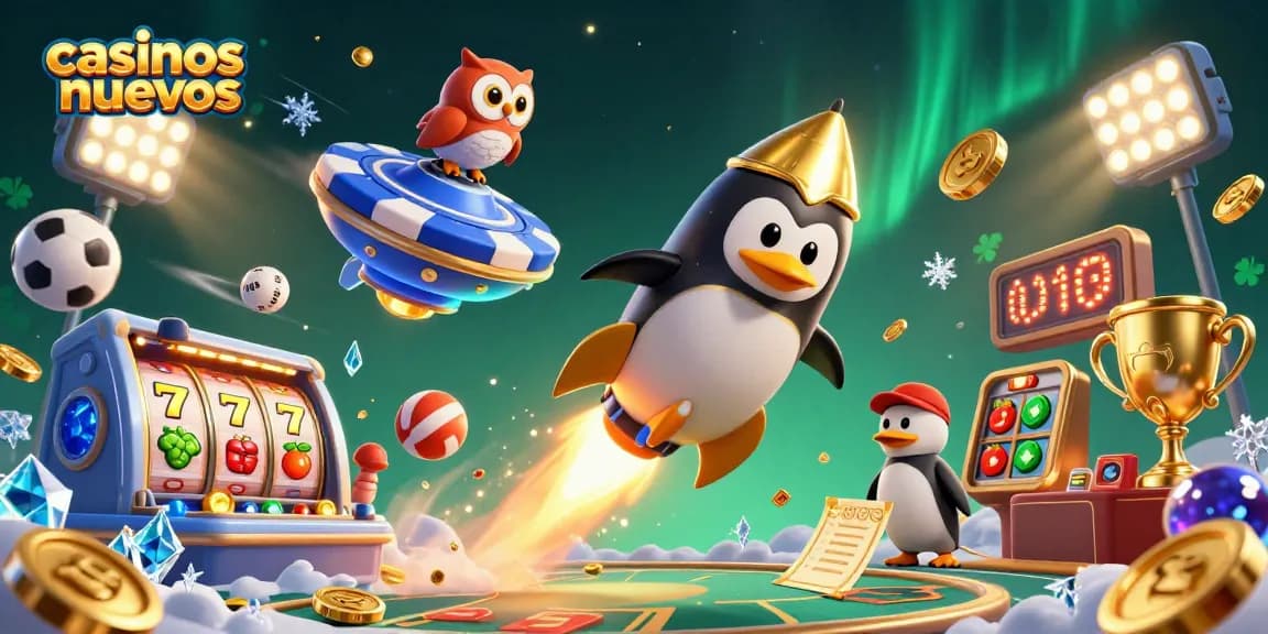 Disfruta de los mejores casinos nuevos con el pingüino dorado y monedas brillantes.