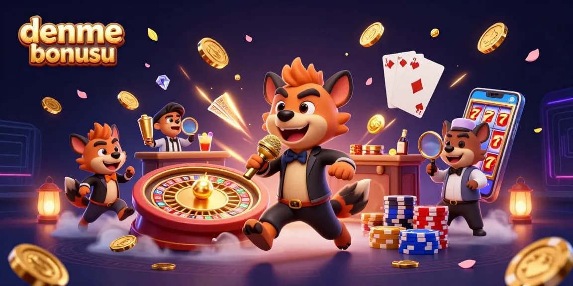 Bet on deneme bonusu offers with a vibrant cartoon casino scene featuring hyenas and dynamic gaming elements.