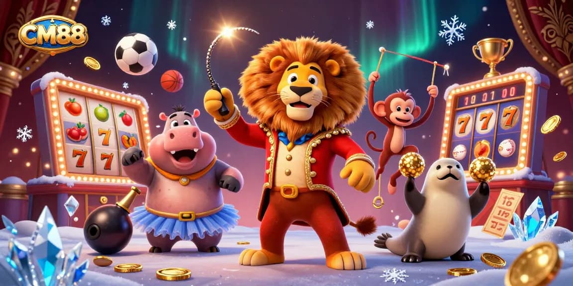 Experience the vibrant action at CM88 with a lively 3D casino scene featuring dynamic characters and gaming elements.
