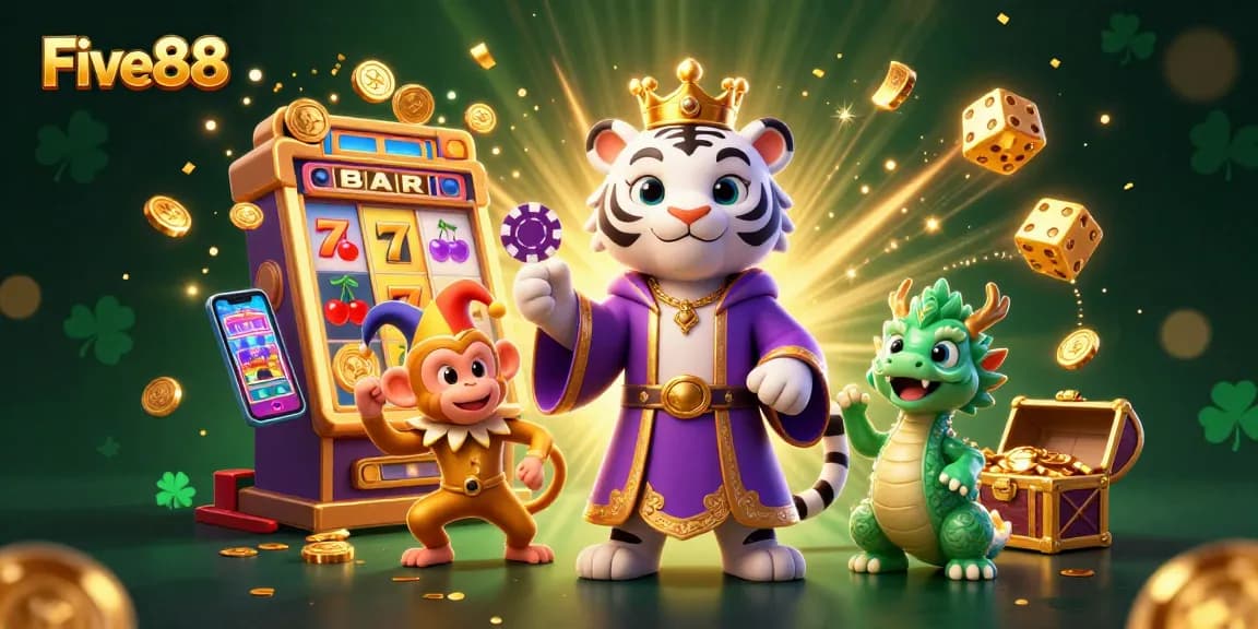 Experience Five88’s electric atmosphere with a whimsical white tiger and golden monkey amidst a thrilling jackpot scene.