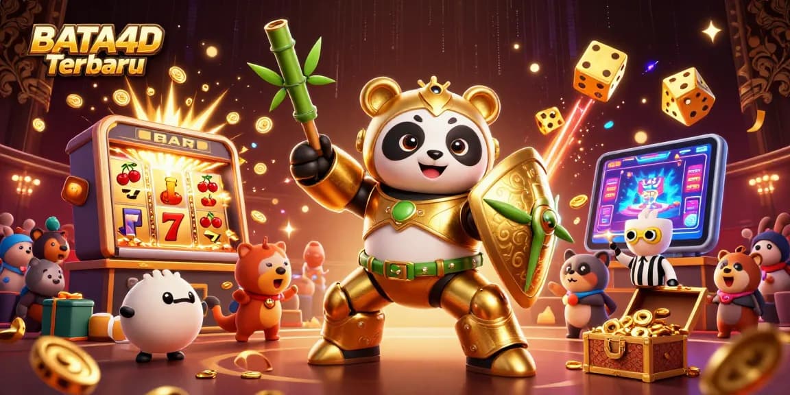 BATA4D Terbaru showcases a golden panda in a mech-suit amidst a vibrant casino scene filled with game elements and excitement.