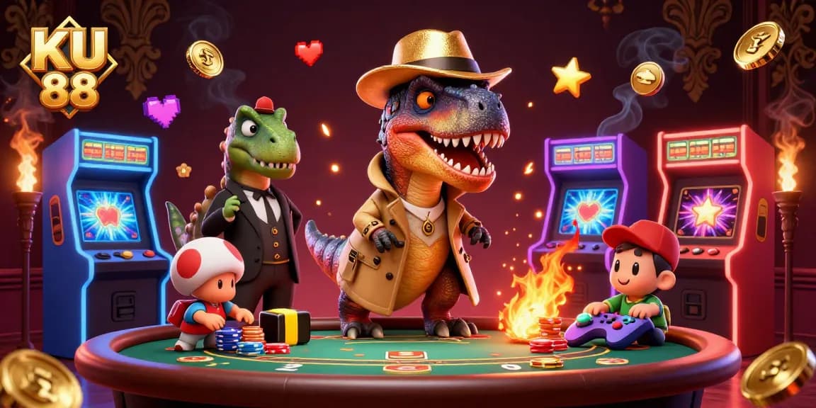 KU 88: Velociraptor card counter and friends at a lively casino scene.