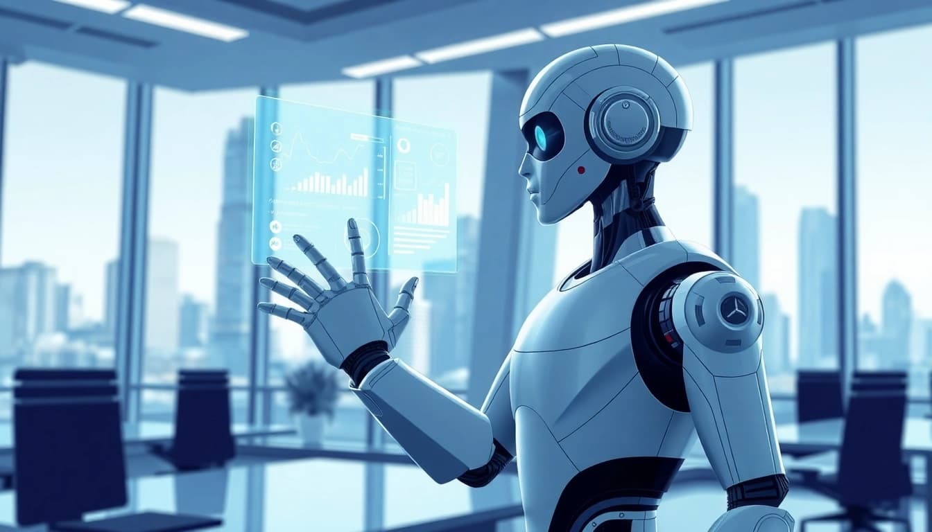 AI agents performing tasks with a humanoid robot interacting with a digital interface.