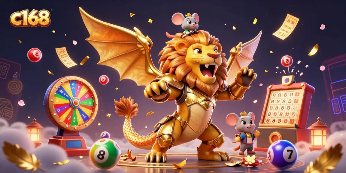 c168 gaming illustration depicting a chimera creature with golden armor amidst vibrant lottery balls and casino elements.