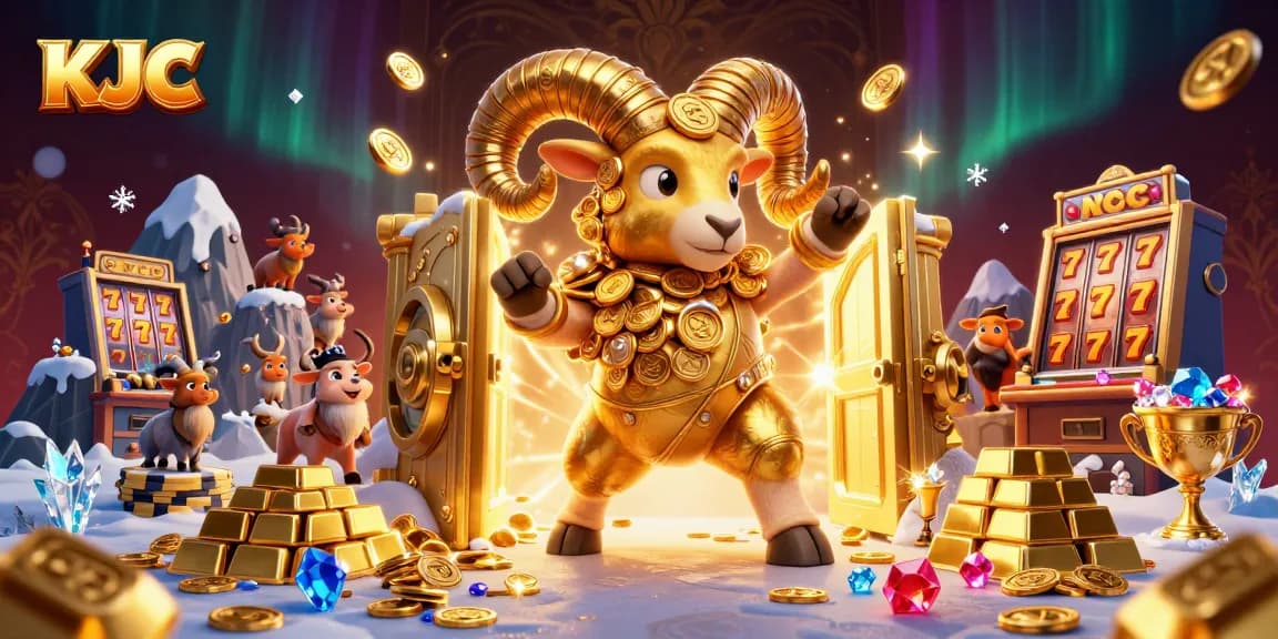 KJC inspires players with a dynamic scene featuring a golden ram charging into a treasure-filled casino.