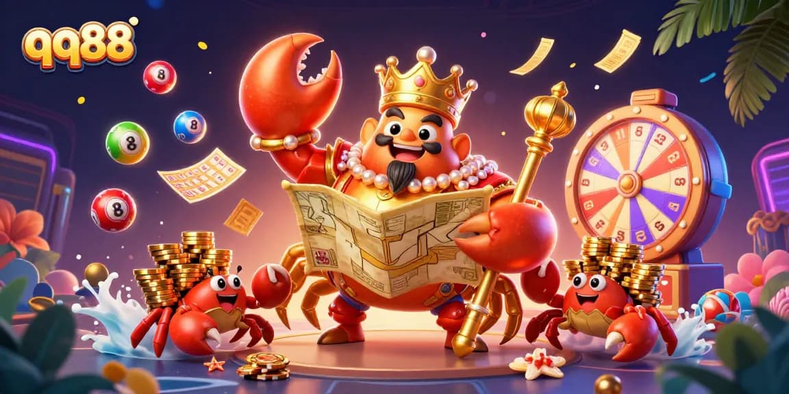 Engage with qq88's vibrant 3D scene featuring a golden crab emperor amidst colorful gambling elements.