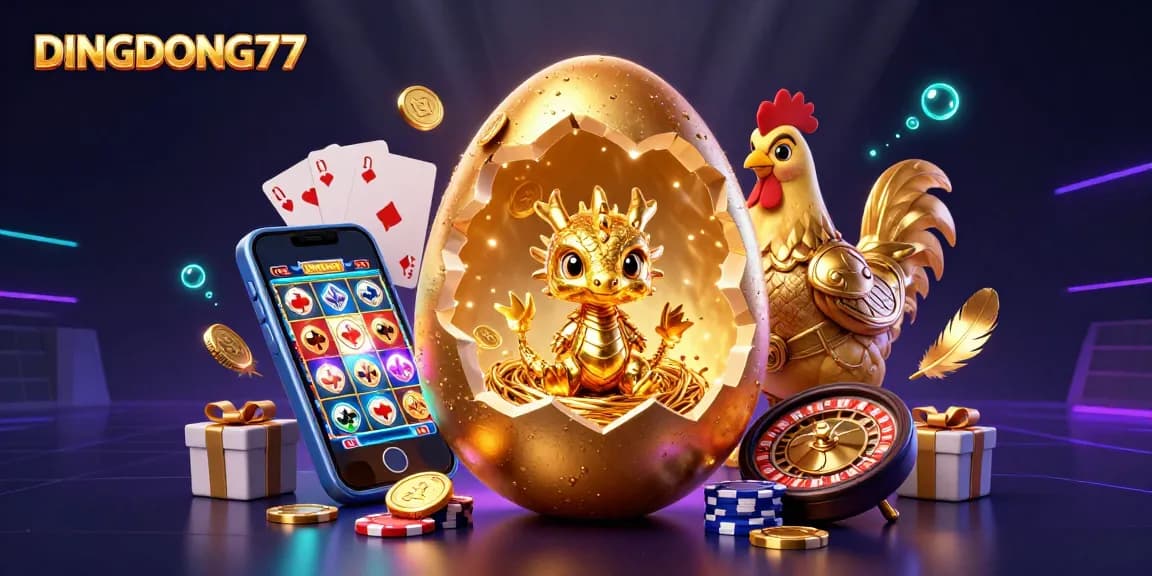 DINGDONG77 captures the thrill of casino gaming with a golden dragon and poker chips in a vibrant slot game scene.