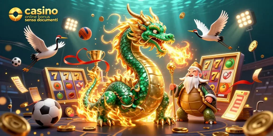 Illustrazione rappresentativa di un drago di giada che offre un bonus casinò online senza documenti e simboli di slot fortunati.