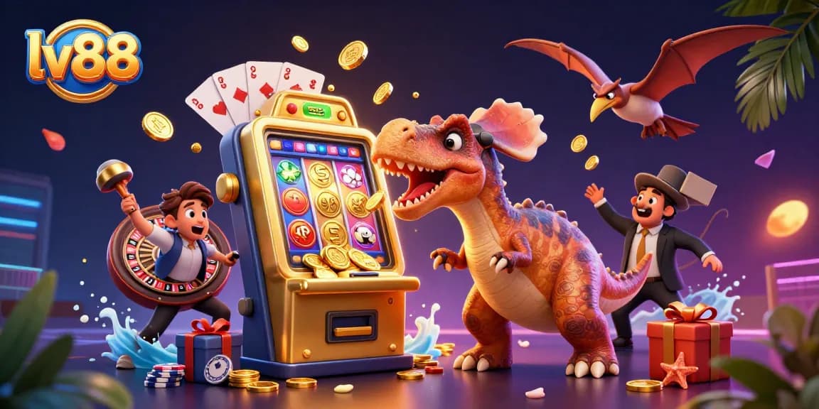 lv88 offers thrilling jackpots as pachycephalosaurus hits a golden slot machine with vibrant coins flying in the air.