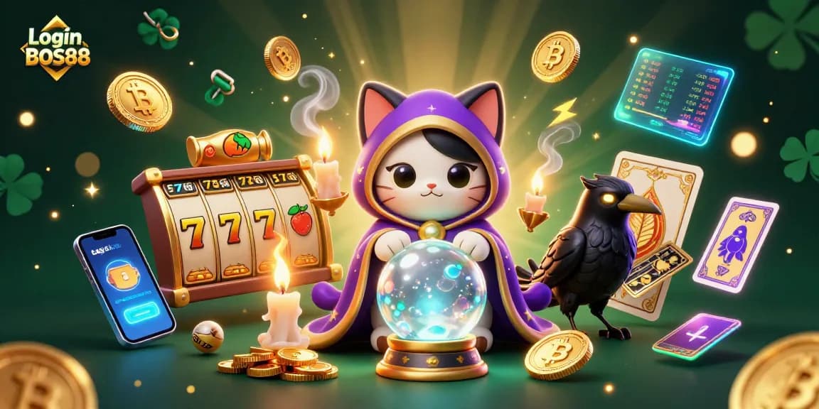 Login BOS88 merasakan seni permainan slot online dengan simbol berkilau dan karakter mistis dalam ilustrasi 3D.