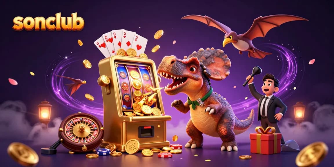 Sonclub's 3D cartoon scene with characters celebrating a slot machine jackpot amidst vibrant casino elements.