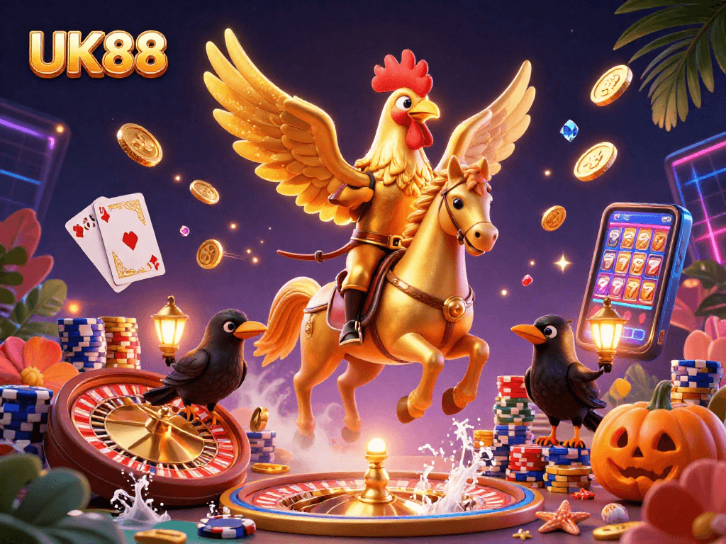 Experience the thrill of UK88 with a golden rooster in a vibrant casino scene filled with winning symbols.