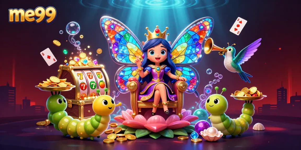 Experience the magical me99 casino world with our vibrant butterfly queen illustration.