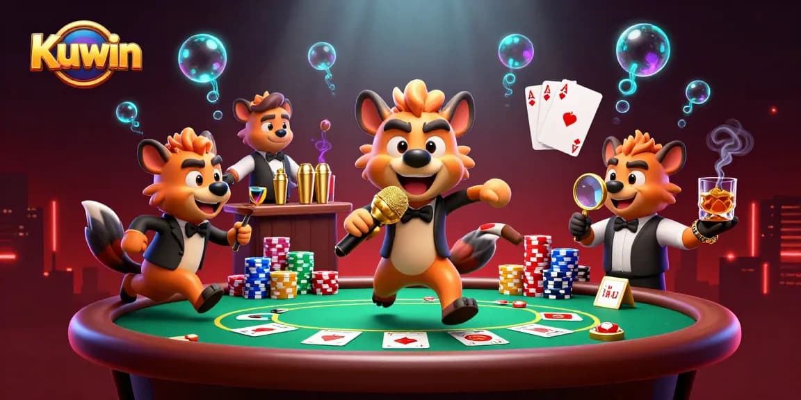 Kuwin hyenas perform stand-up comedy in a vibrant casino scene with poker games.