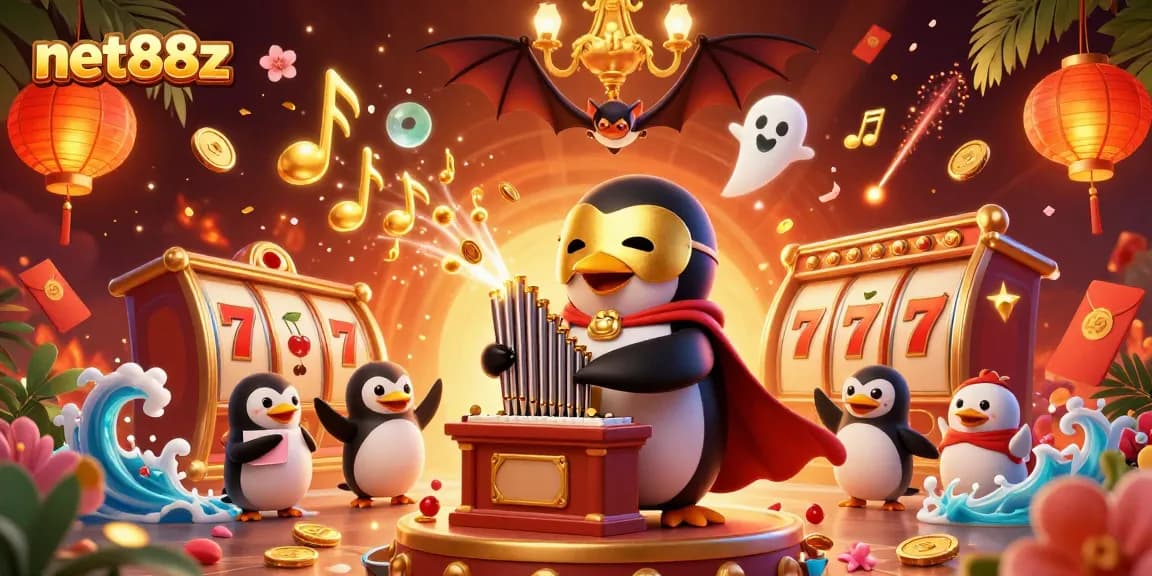 Experience the excitement of net88z with a vibrant illustration showcasing slots, golden coins, and animated characters.