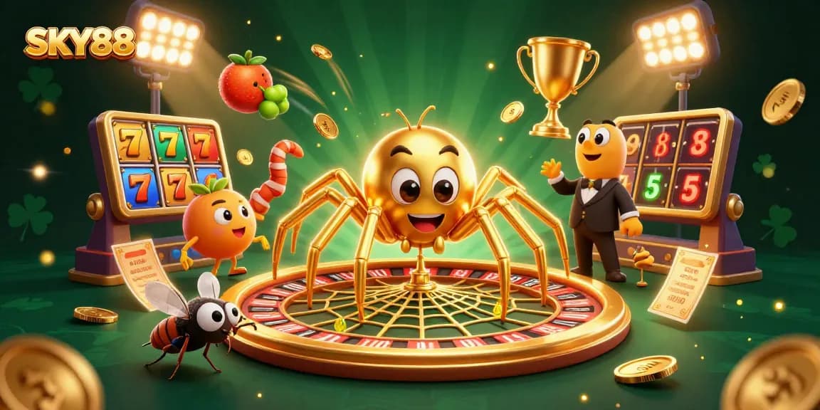 Engage with SKY88's thrilling slot games as the golden spider weaves a roulette wheel web.