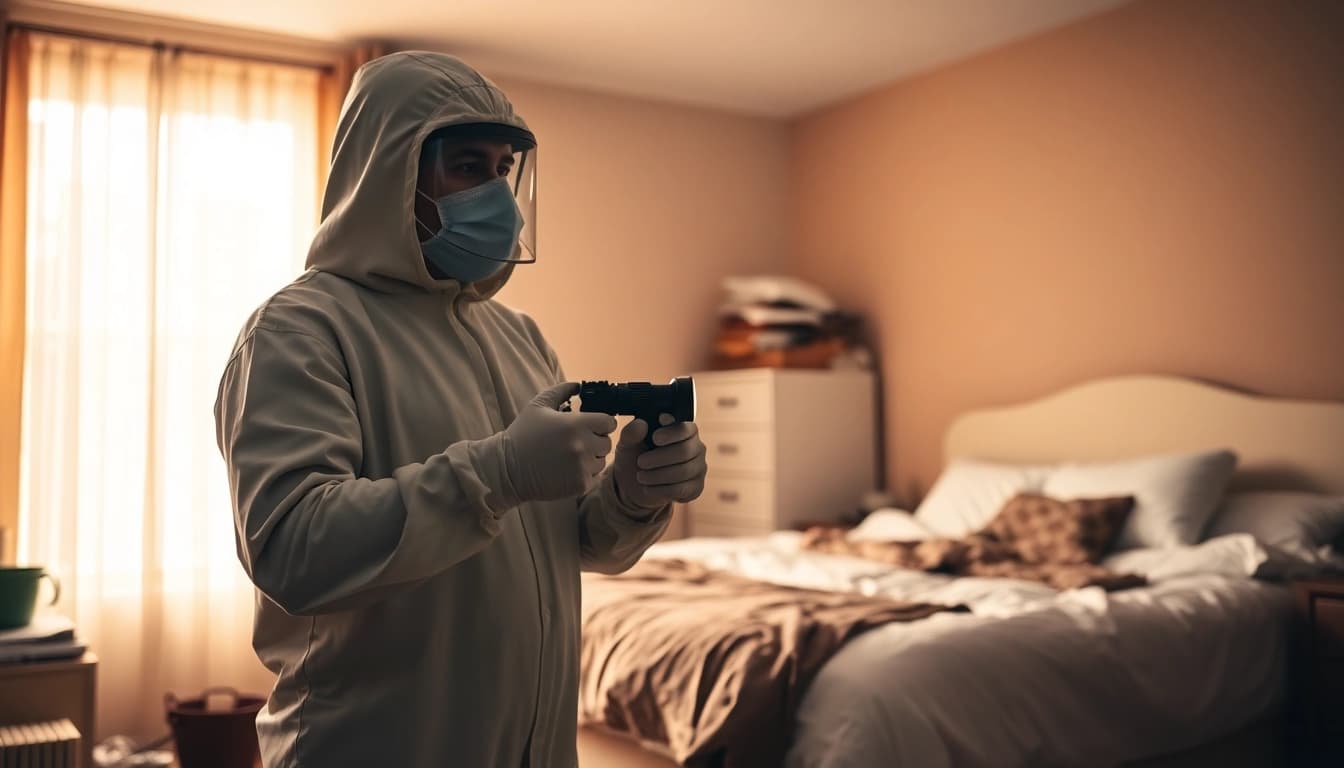 Technician preparing for bed bug treatment in a bedroom, emphasizing safety and thorough pest control.