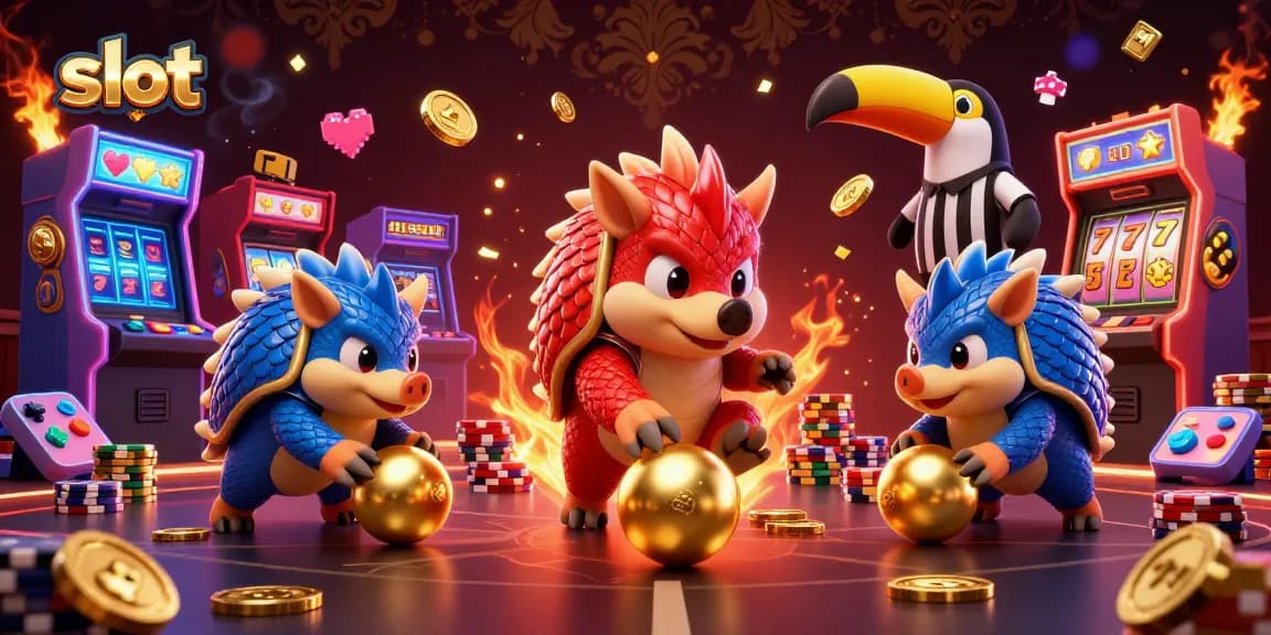 Engaging slot game scene with pangolins bowling poker chips and a colorful casino backdrop.