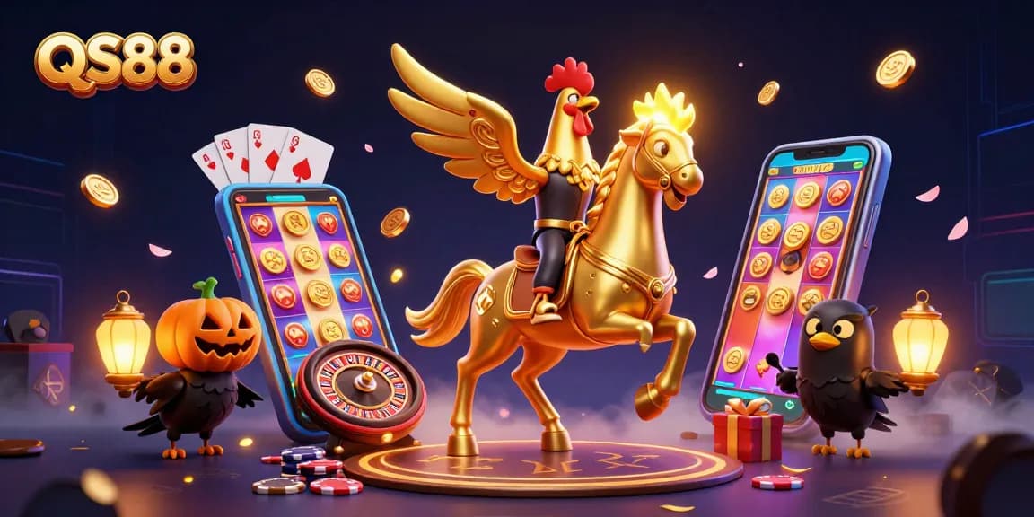 Experience QS88's vibrant slot games through a dynamic golden rooster mascot illustration.