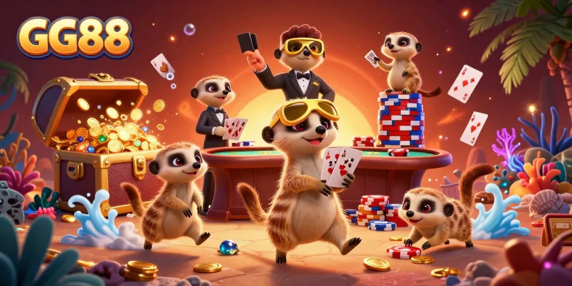 Experience the excitement at GG88 with meerkats running a vibrant casino, showcasing dynamic games and engaging elements.