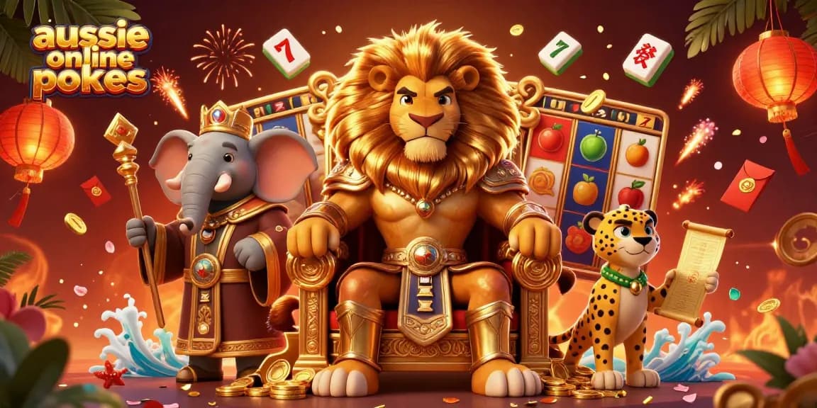 Aussie online pokies with a lion, elephant, and cheetah celebrate wins amid vibrant slot games